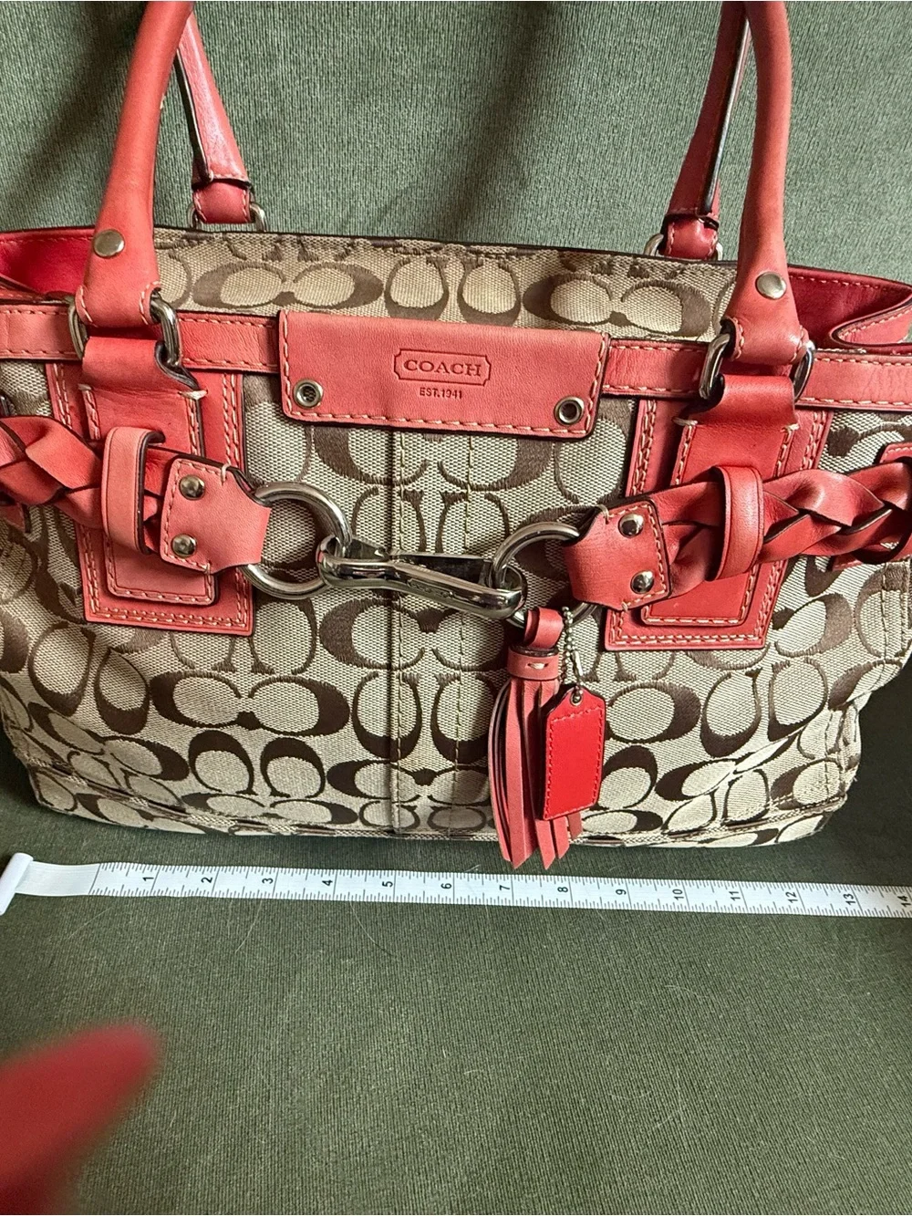 Coach Tan Signature Canvas Tote with Coral Leather Trim